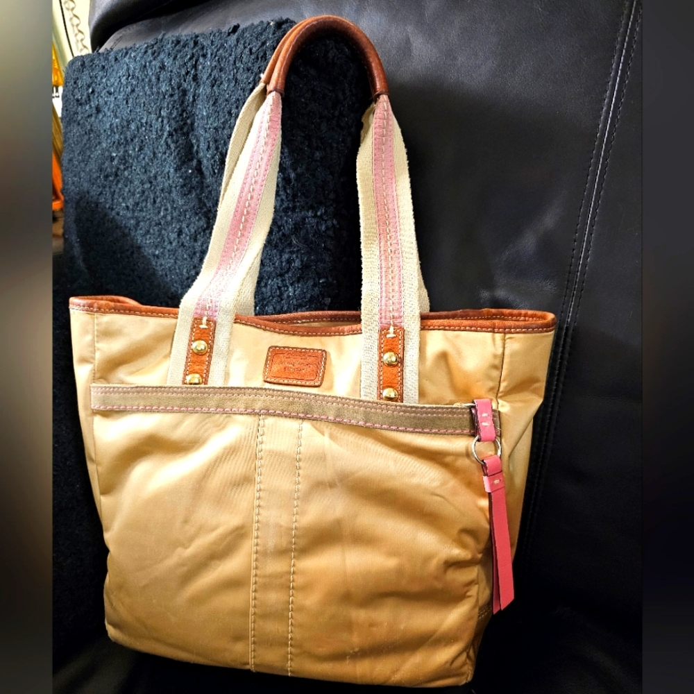 Coach Hampton Tote Gold Satin with Leather and Suede trim Preloved